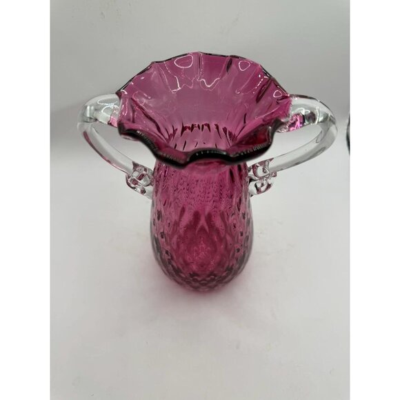 Rossi Art Glass Handblown Cranberry Optic Quilt Glass Double "Handle Vase - Picture 2 of 8